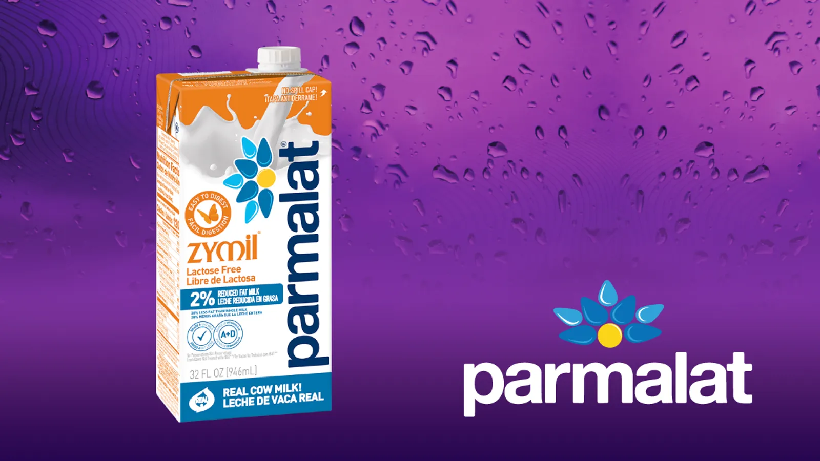 Envase de Parmalat Zymil, leche libre de lactosa, junto al logo de Parmalat