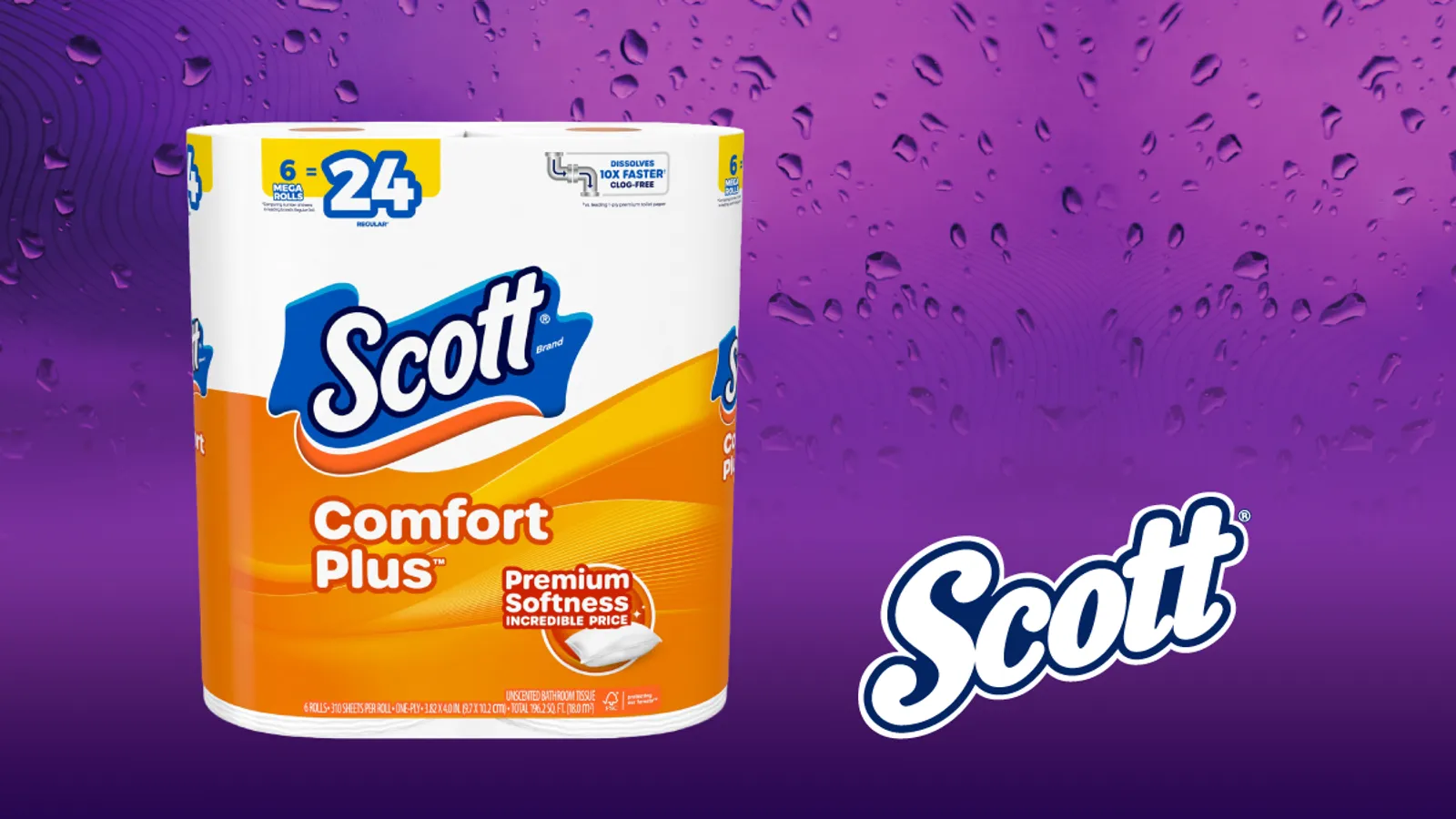 Paquete de 6 rollos de Scott Comfort Plus junto al logo de Scott