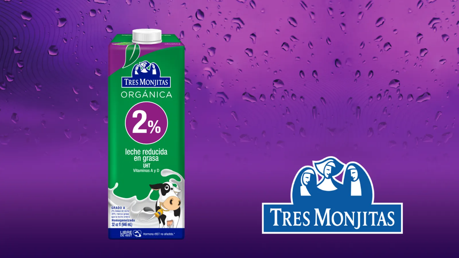 Envase de leche UHT orgánica Tres Monjitas 2% junto al logo de Tres Monjitas